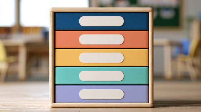 Colorful classroom drawer organizer mockup with five blank white labels on blue, coral, yellow, turquoise and lavender storage drawers