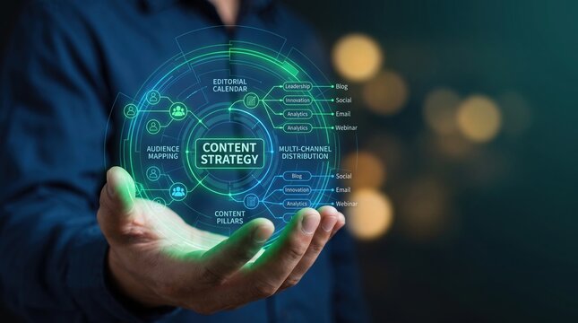 Businessman holding a glowing holographic projection displaying a comprehensive content strategy framework, illustrating digital marketing planning and innovation for future business growth
