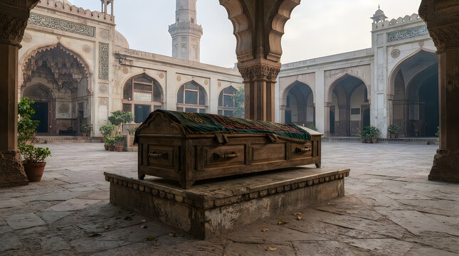 Historic ancient tomb structure standing inside a large open courtyard surrounded by stone archways with archway pillars old monument heritage site architecture
