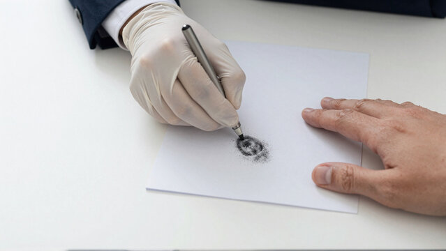 Gloved officer records prison inmate fingerprint during formal identification and booking procedure