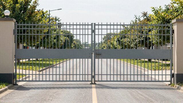 Locked gray steel gate blocks landscaped access road to prison compound on clear day