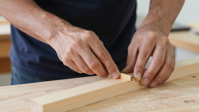 Prison workshop participant carefully measures pine timber during a practical woodworking project