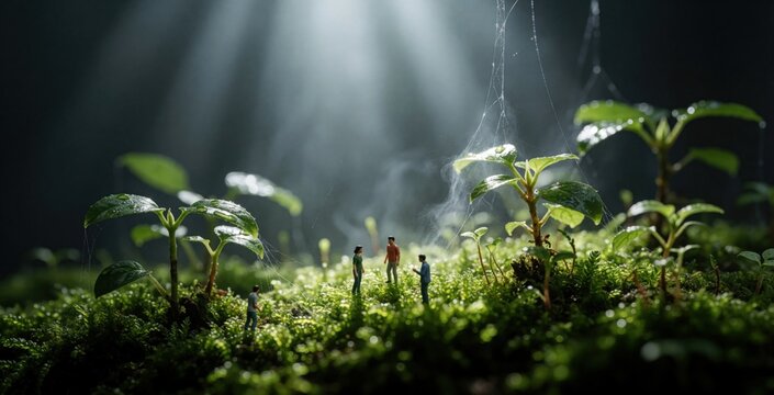 Tiny miniature people walk through green mossy forest with small plants. Sunlight rays shine through dark misty jungle. Small human figurines explore macro nature world. Creative concept of tiny life