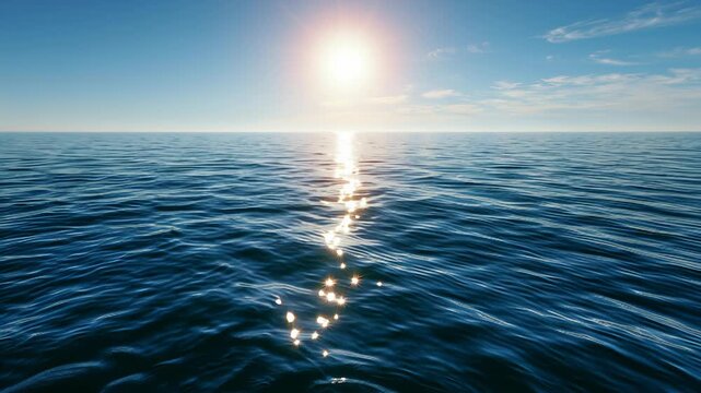 Blue ocean panorama with sun reflection, The vast open sea with clear sky, Ripple wave and calm sea with beautiful sunlight