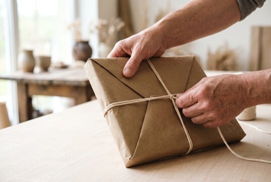 Hands tying a string around a parcel wrapped in plain brown paper
