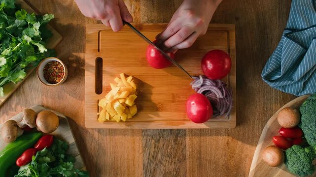 Chop tomato close up, Diced kumato tomatoes on a cutting board for Italian sauce, chef cut tomatoes with knife for gazpacho or salad 