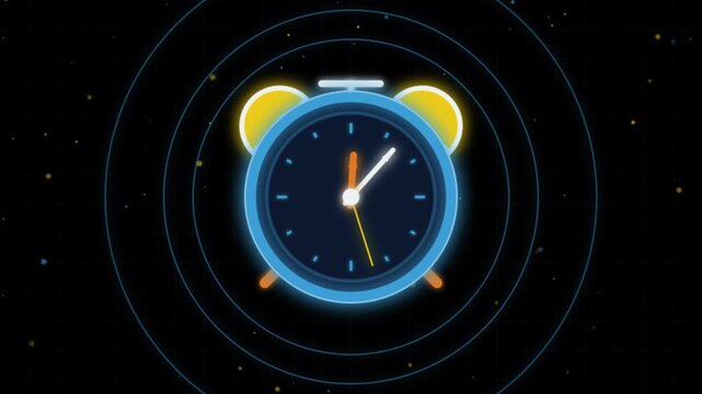 Animated alarm clock ticking time concept on dark digital background