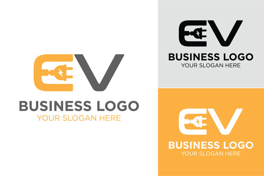 EV initial flat vector logo design for business & company template featuring the letters E and V integrated with an electric plug symbol in orange, grey, black, and white color variations, isolated