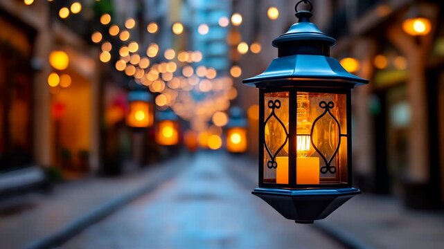 Hanging lantern glows and moves closer along a narrow old town alley beneath warm string lights at night
