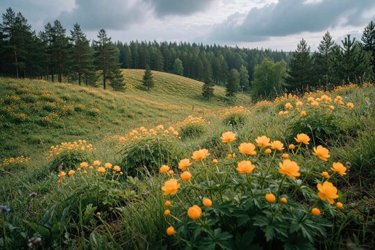 Summer mountain landscape in Ergaki Siberia with yellow globeflowers blooming in green meadow. Rolling hills, pine forest under cloudy sky. Wildflowers grow in untouched taiga wilderness. Peaceful