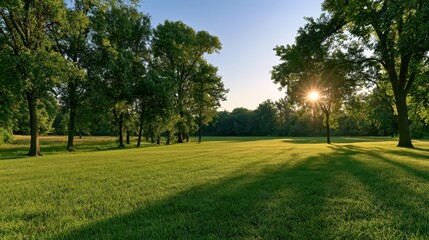 Obraz premium Lush summer meadow with sunlit grass, distant woods, and clear blue sky