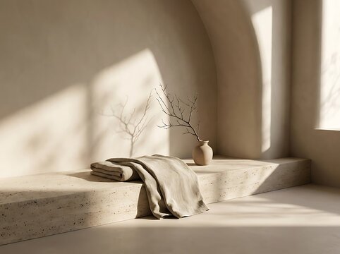 Neutral beige aesthetic interior setting with linen textiles and ceramic vase branch decor