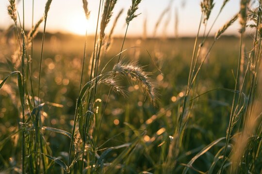 Seed heads of tall bluestem swaying in a golden hour field