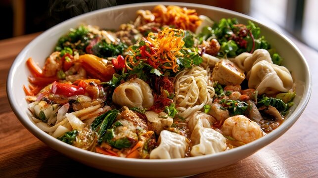 Overhead shot of a bowl with a mix of noodles, greens, tofu and seafood in vibrant colors