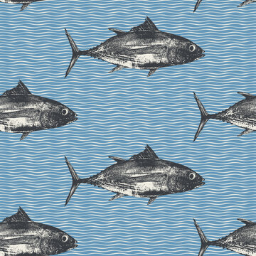 Vector seamless pattern with tuna fish and waves on marine animals theme. Logo, menu for restaurant, cafe. Signboard for fish store. Print, fabric, textile. Wallpaper, T-shirt, tile. 