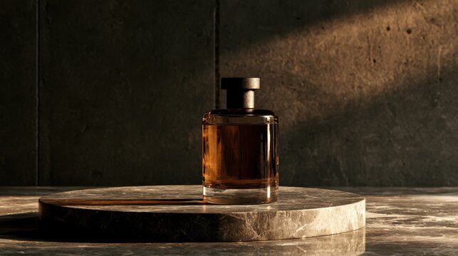 Luxurious product on gray marble tabletop with dark cement backdrop and rustic mood, ample copy space for promotion