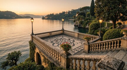 Fototapeta premium Elegant terrace overlooking calm lake at sunrise. Ornate stone balustrade with mosaic floor. Rich gardens and hillside homes frame serene water.