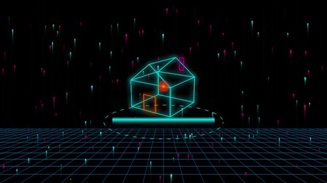 Neon house wireframe digital blueprint animation with matrix data rain