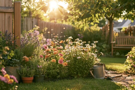 Sunlit summer garden bursting with colorful blooms, herbs, and lush greenery