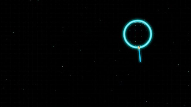 Neon magnifying glass searching digital grid background animation