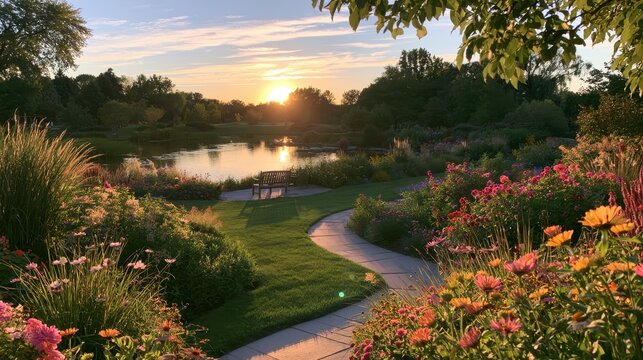Summer garden at dusk: vibrant blossoms, soft shadows, peaceful park landscape
