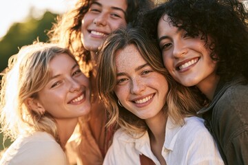 Fototapeta premium Portrait of four young women from diverse backgrounds smiling together in a sunlit outdoor setting