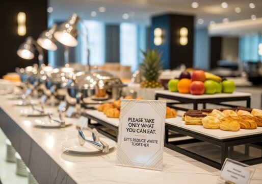 Buffet sign reading please take only what you can eat at a hotel breakfast. Stop food waste concept to encourage sustainable dining and environmental responsibility in catering.