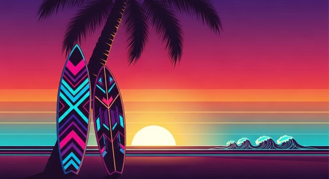 Surfboard standing under palm tree on beach at sunset. Retro wave style illustration of tropical coast with ocean wave. Summer vacation concept, creative digital art for background.