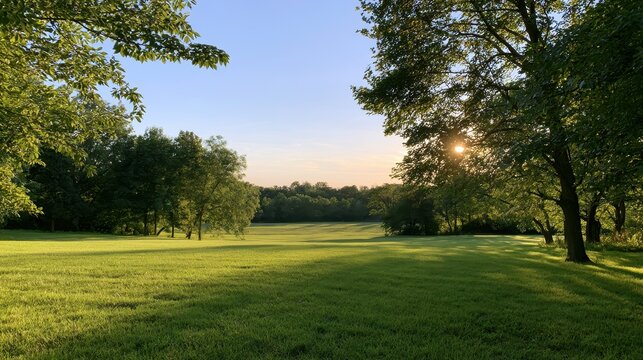 Sunny outdoor landscape: grassy field, mature trees, and sun beams through foliage in a calm park environment
