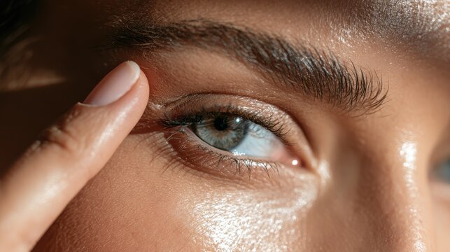 Vision and beauty concept: close-up of a woman's eye with fingertip near the eye
