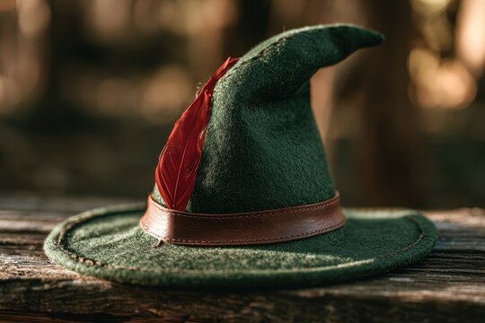 Whimsical green cap with red feather resting on aged wood, natural light