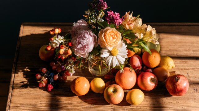 Pastel spring bouquet with citrus and berries on wooden tabletop
