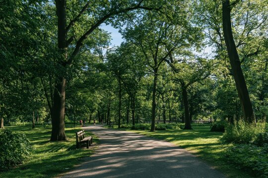 Sunlit footpath winding through a lush park with tall trees and dappling shade