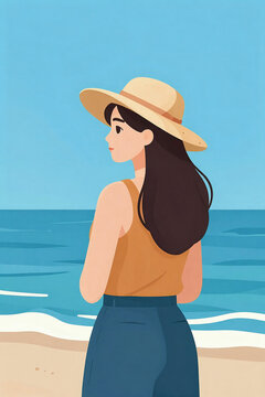 Reflective Woman in a Straw Hat Standing on Tranquil Shore, Embracing Peaceful Ocean Breezes and Sunlit Horizons