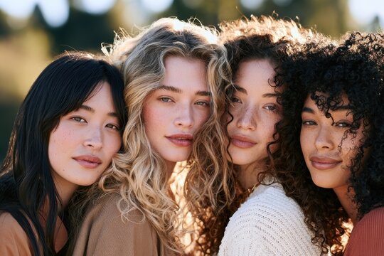 Multicultural friends with straight, wavy, curly, and coily hair textures in a warm portrait