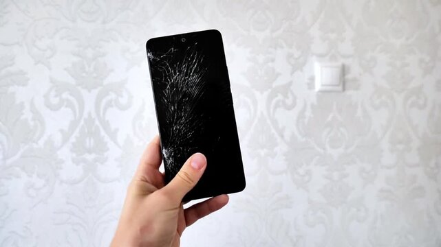 Hand holding a smartphone with a severely cracked screen showing a spiderweb pattern of shattered glass, illustrating phone damage and repair. High quality 4k footage