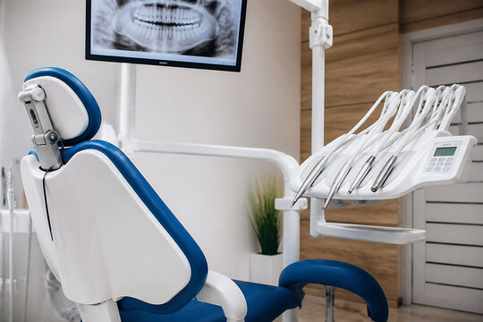 A modern dental examination chair and equipment are set up in a clean, professional dental office.