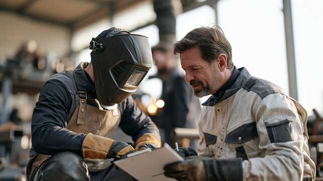 Two welders of different generations crouch in early morning mist sharing safety briefing notes before sparks fly, industrial mentorship, metal fabrication career, dawn shift