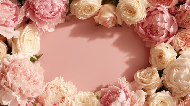 Romantic pink floral frame with peonies and roses for invitations