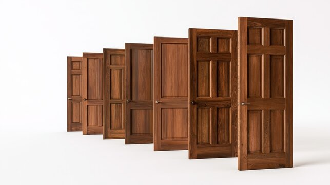 Set of natural wood doors with varied panel designs on a white studio background