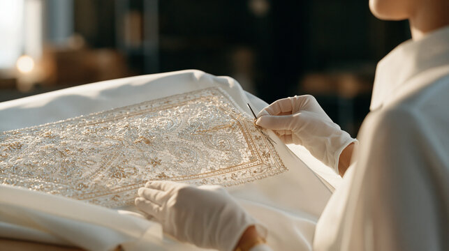 Gloved hands hold an intricate lacework panel against a dark industrial warehouse background, close up detail of needle and thread looped through fine textile, traditional