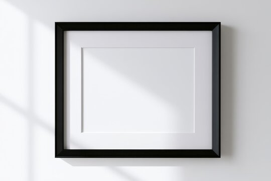 Modern black picture frame displayed in a bright room with empty photo area