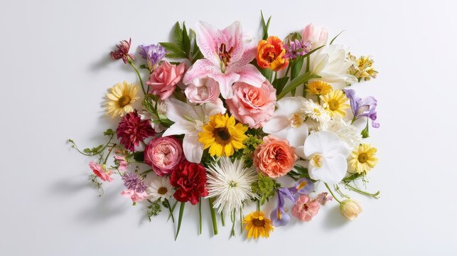 Studio shot of diverse blossoms on a clean white surface for banner design