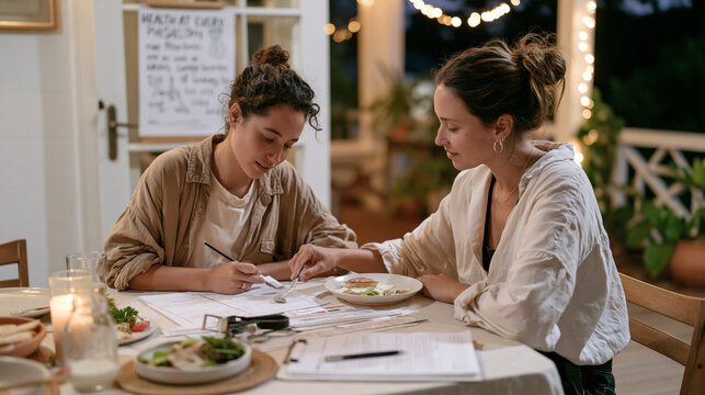 Nutrition coach at twilight blue hour guiding client through mindful portion assessment on illuminated terrace, measuring tools laid on table, health at every size philosophy