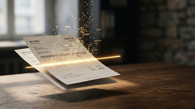 Paper invoice being scanned and digitized with light beam extracting data. Automated accounting and financial document processing. Digital transformation for business