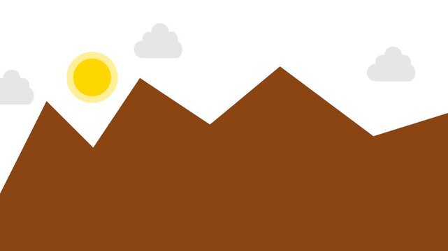 Minimalist illustration of a sun rising over brown mountains with clouds.