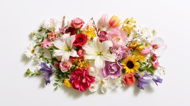 Top-down view of vibrant flowers arranged on white background for banners
