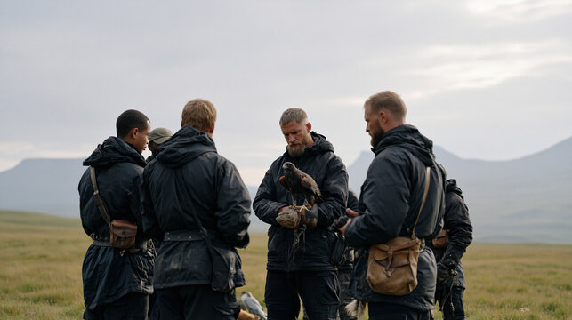 A multicultural group of falconers assembles on open moorland under a heavy overcast sky, birds of prey on gloved fists, the falconry practice community visible in dynamic mid