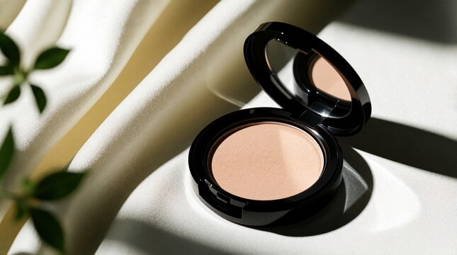 Open black compact powder case with beige pressed makeup on white silk fabric. Elegant cosmetic product sits on soft wavy textile surface. Luxury beauty concept for skin care, facial powder, pro