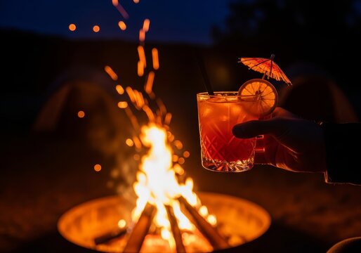 Hand holding a cocktail glass with fruit and umbrella near a campfire at night. Beverage enjoyed during outdoor camping trip. Relaxing vacation moment in darkness with bright fire embers.